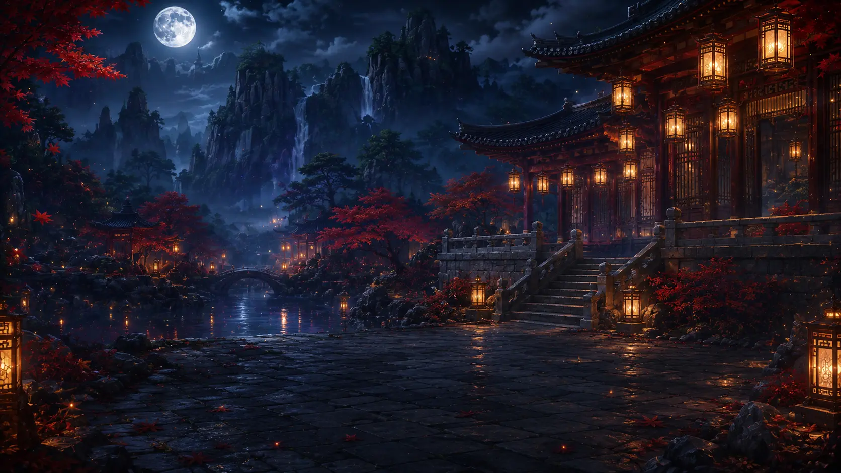 Moonlit Korean palace garden